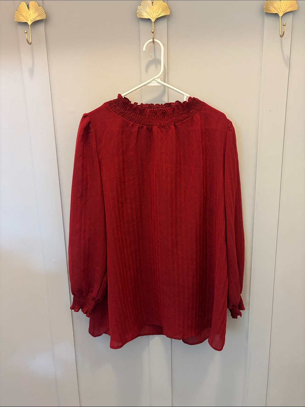 BloomChic Crimson Smocked-Neck Puff Sleeve Blouse